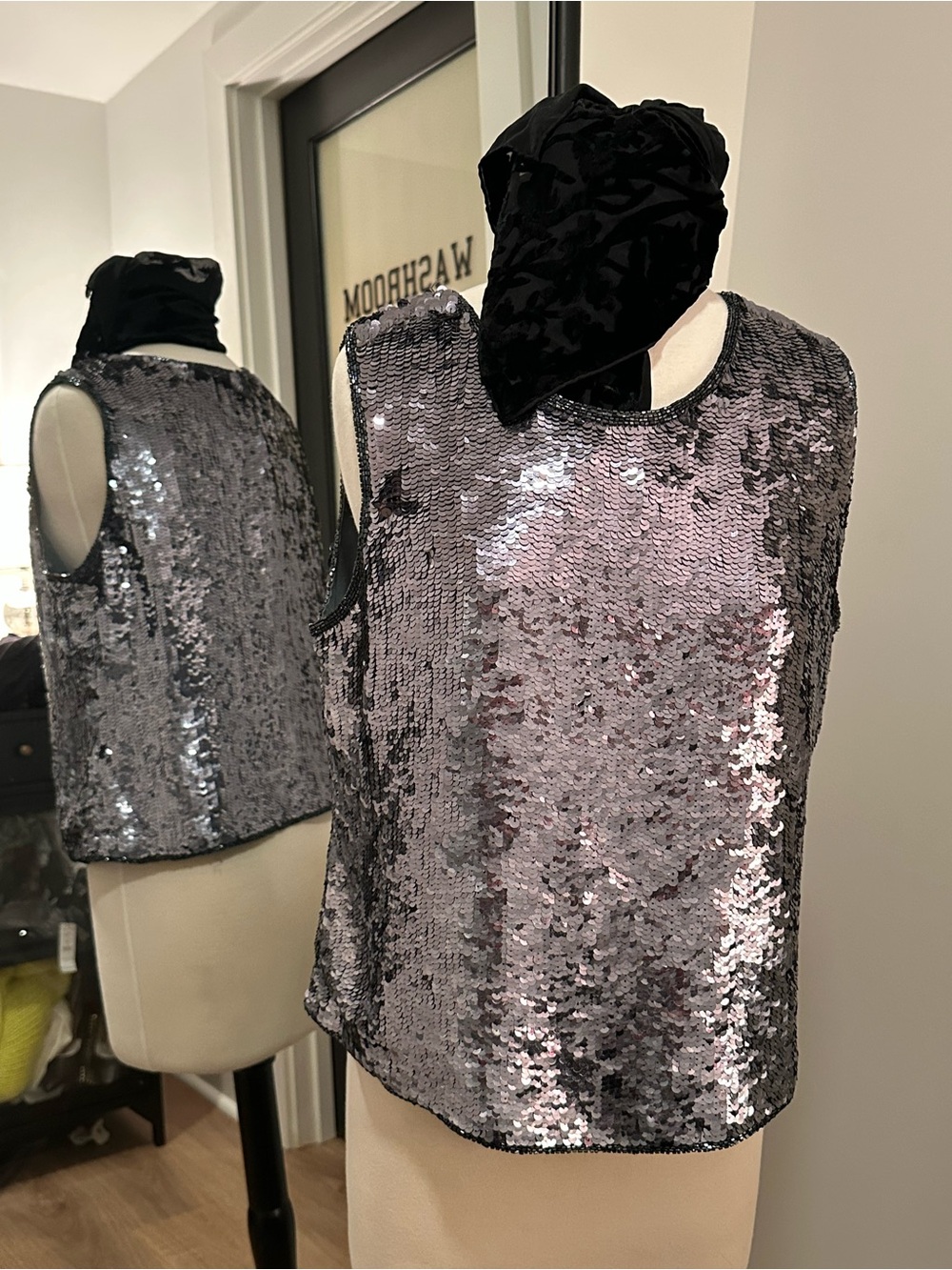 Jennifer Moore Metallic Silver Sequin Tank Top